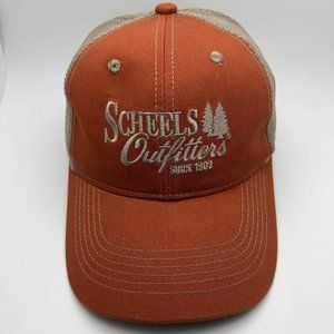 SCHEELS OUTFITTERS hat orange / beige adjustable snapback cap. Trucker StyleGR18